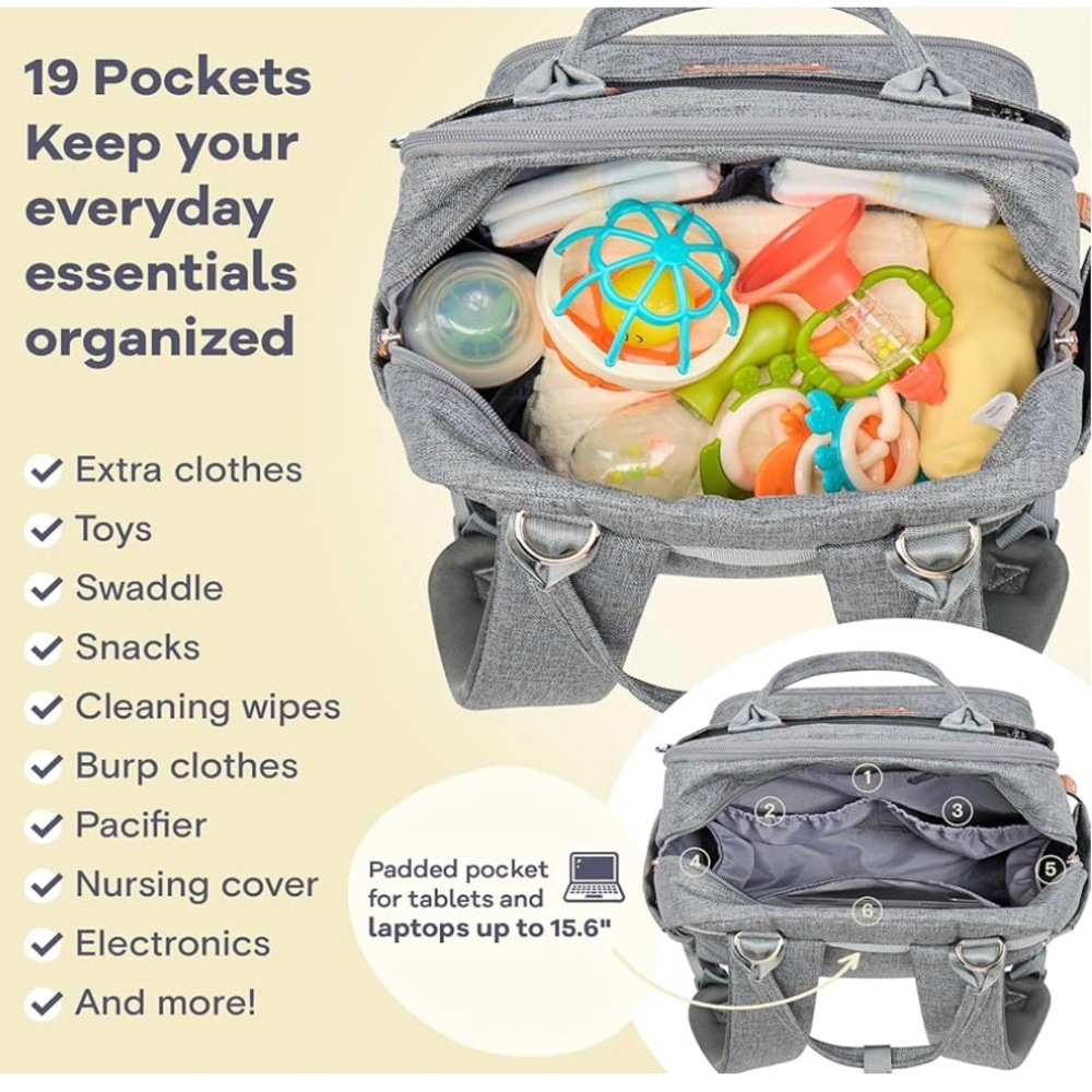 NEW Gray Ruvalino Large Lightweight Backpack Diaper Bag - Picture 6 of 6